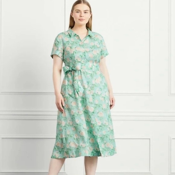 Hill House Lily Midi Floral Linen Dress Sz Small Blue Roses Belted Button Up - Picture 1 of 7